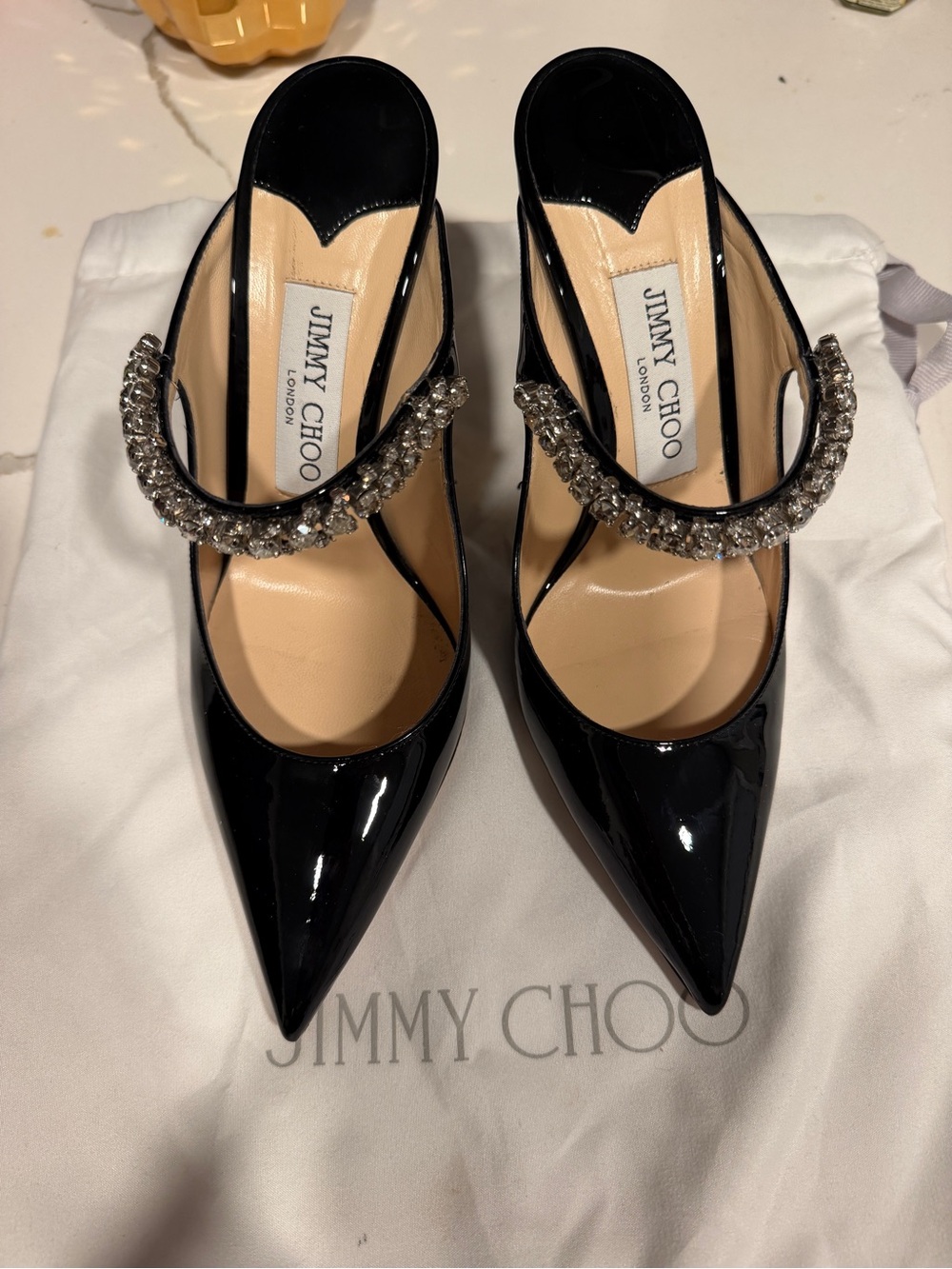 Jimmy Choo Black Patent Pointed-Toe Mary Jane Pumps with Crystal Strap